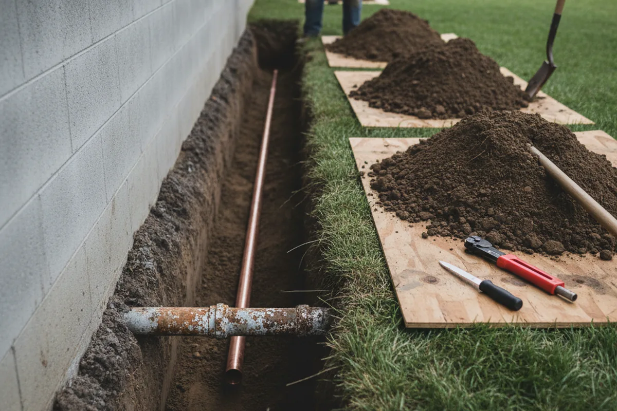 Excavated water line trench during Sewer Line Repair in Cohoctah